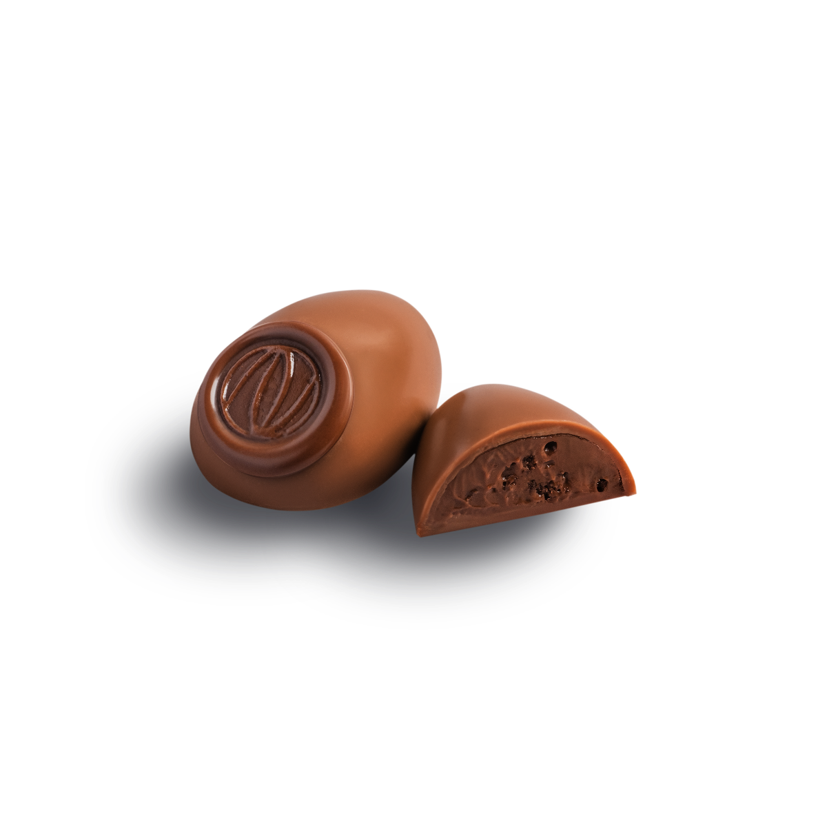 Dark chocolate oval shaped bonbon filled with chocolate and decorated with Nouga mini seal